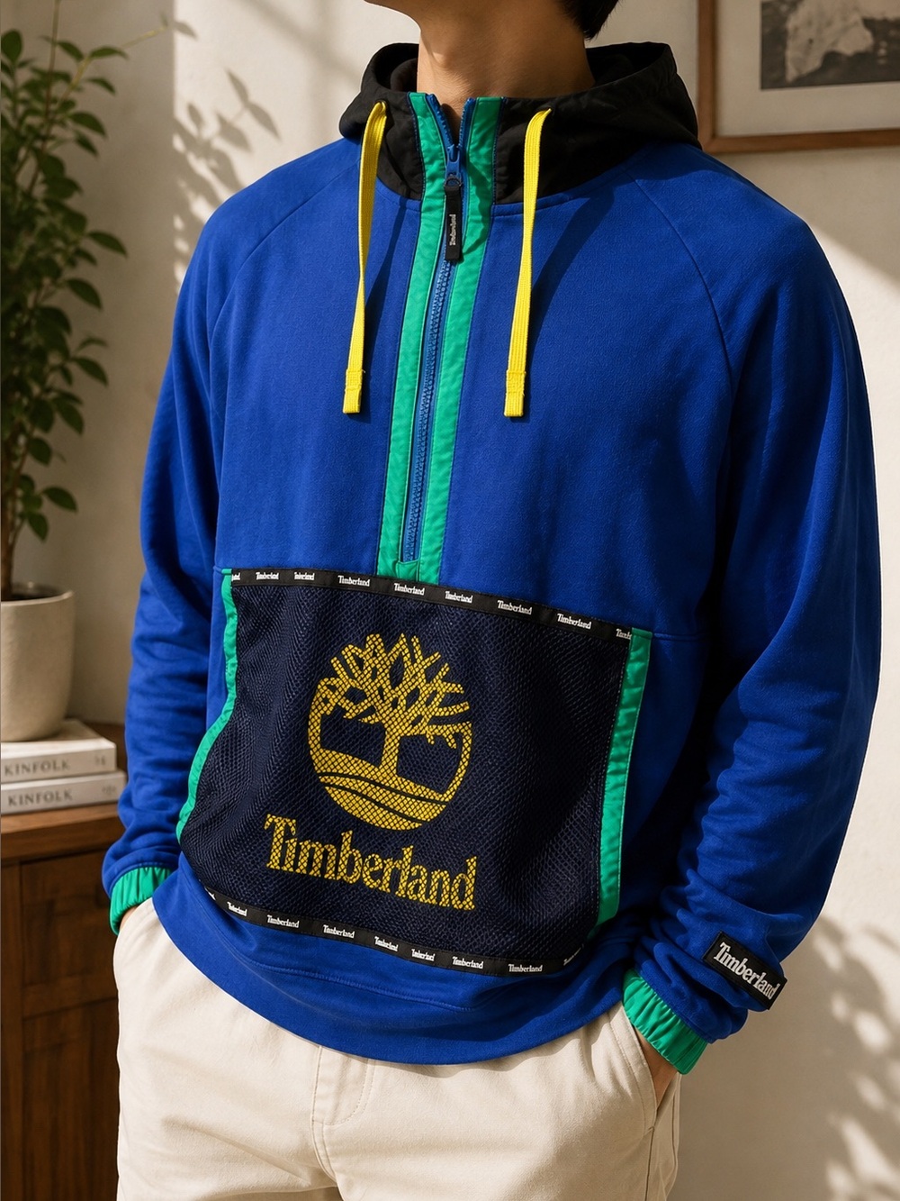 Timberland Mesh Mix Men’s L Pullover Hoodie Blue Green Colorblock A22BZ